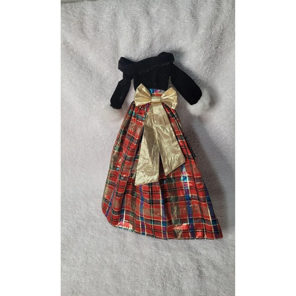 Holiday Doll Gown Black Velvet Red Metallic Plaid Gold Bow Christmas Outfit
